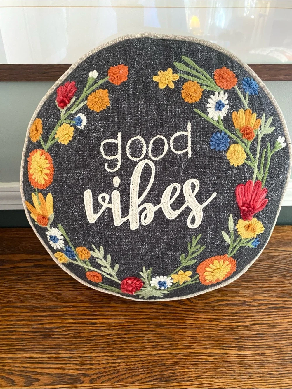 World Market Round Indigo Embroidered Floral Good Vibes Throw Pillow